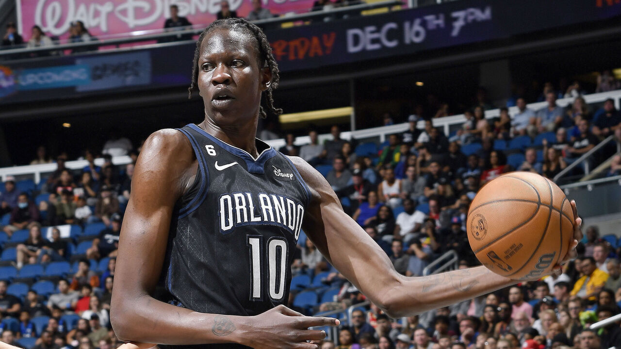 ORLANDO, FL - DECEMBER 14: Bol Bol #10 of the Orlando Magic handles the ball against the Atlanta Hawks on December 14, 2022 at Amway Center in Orlando, Florida. Mandatory Copyright Notice: Copyright 2022 NBAE