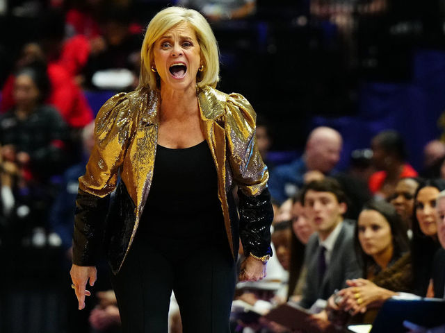 BATON ROUGE, LA - MARCH 19: LSU Tigers head coach Kim Mulkey yells down the court during the first half of the game between the LSU Tigers and the Jackson State Lady Tigers during the first round of the 2022 NCAA Women's Basketball Tournament held at the Pete Maravich Assembly Center on March 19, 2022 in Baton Rouge, Louisiana.