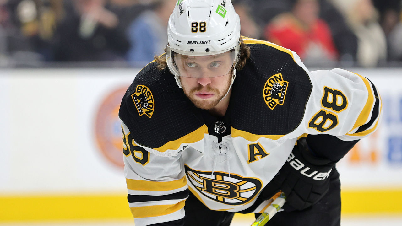 LAS VEGAS, NEVADA - DECEMBER 11: David Pastrnak #88 of the Boston Bruins waits for a faceoff in the first period of a game against the Vegas Golden Knights at T-Mobile Arena on December 11, 2022 in Las Vegas, Nevada. The Bruins defeated the Golden Knights 3-1.