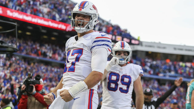 ORCHARD PARK, NEW YORK - OCTOBER 31: Josh Allen #17 of the Buffalo Bills celebrates after a touchdown run during the fourth quarter against the Miami Dolphins at Highmark Stadium on October 31, 2021 in Orchard Park, New York.