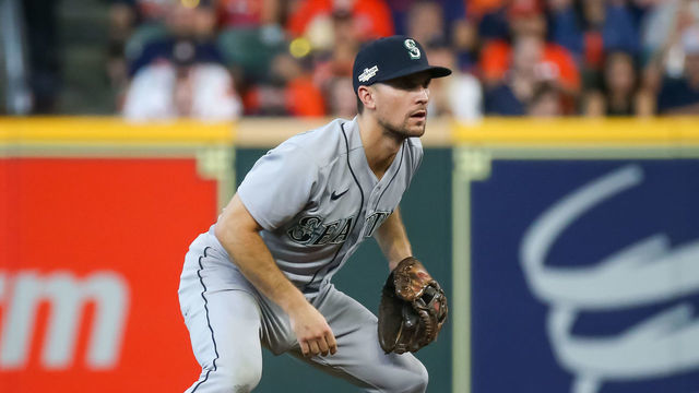 HOUSTON, TX - OCTOBER 13: Seattle Mariners second baseman Adam Frazier (26) watches the batter in the bottom of the fifth inning during the MLB ALDS Game 2 between the Seattle Mariners and Houston Astros on October 13, 2022 at Minute Maid Park in Houston, Texas.