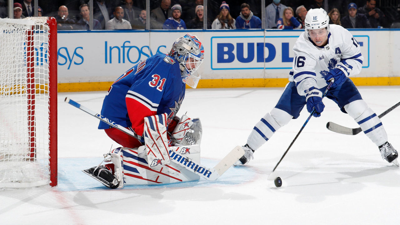 NEW YORK, NEW YORK - DECEMBER 15: Igor Shesterkin #31 of the New York Rangers tends the net against Mitch Marner #16 of the Toronto Maple Leafs at Madison Square Garden on December 15, 2022 in New York City.
