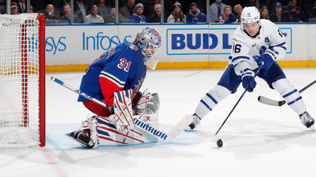 NEW YORK, NEW YORK - DECEMBER 15: Igor Shesterkin #31 of the New York Rangers tends the net against Mitch Marner #16 of the Toronto Maple Leafs at Madison Square Garden on December 15, 2022 in New York City.