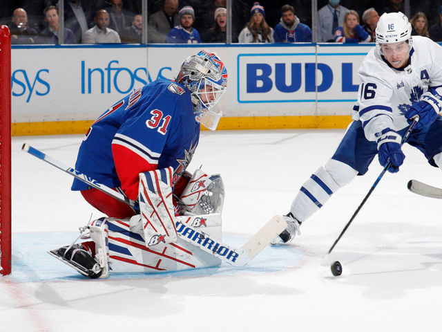 NEW YORK, NEW YORK - DECEMBER 15: Igor Shesterkin #31 of the New York Rangers tends the net against Mitch Marner #16 of the Toronto Maple Leafs at Madison Square Garden on December 15, 2022 in New York City.