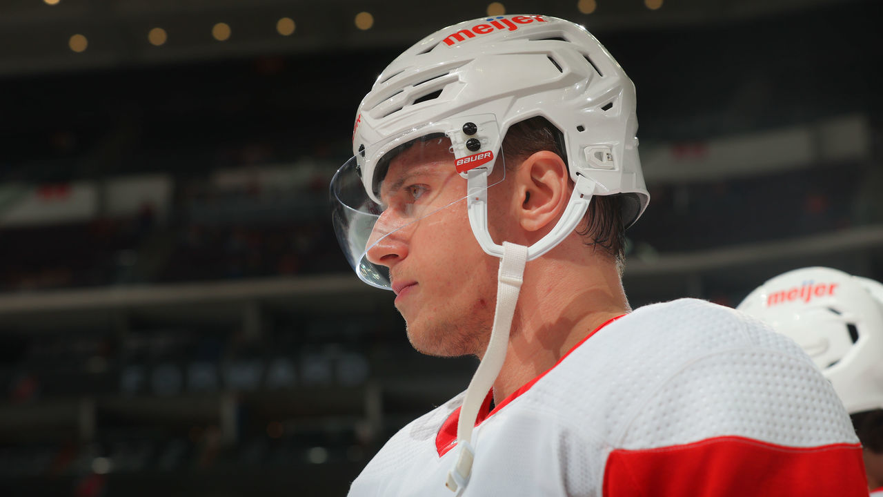 NEWARK, NJ - APRIL 24: Jakub Vrana #15 of the Detroit Red Wings warms up prior to the game against the Detroit Red Wings on April 24, 2022 at the Prudential Center in Newark, New Jersey.