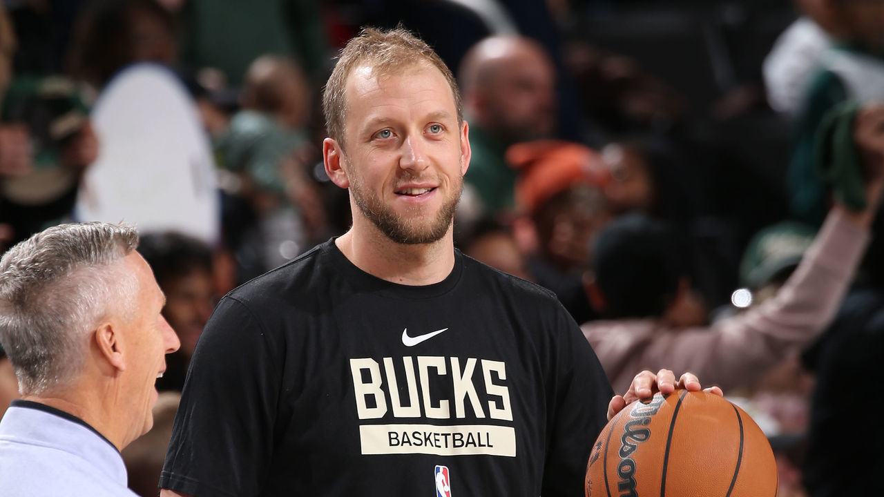 MILWAUKEE, WI - OCTOBER 15: Joe Ingles #7 of the Milwaukee Bucks smiles during an open practice on October 15, 2022 at the Fiserv Forum Center in Milwaukee, Wisconsin. Mandatory Copyright Notice: Copyright 2022 NBAE