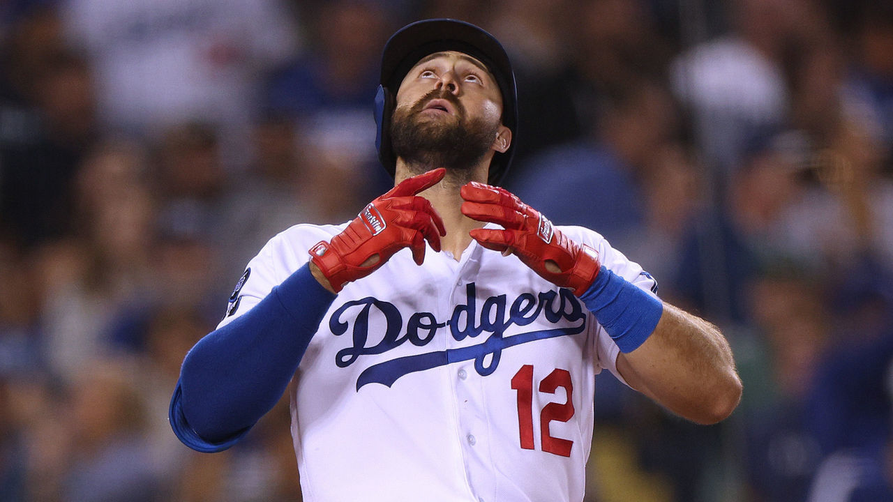 LOS ANGELES, CALIFORNIA - OCTOBER 04: Joey Gallo #12 of the Los Angeles Dodgers celebrates his solo homerun to tie the game 2-2 with the Colorado Rockies, during the fifth inning at Dodger Stadium on October 04, 2022 in Los Angeles, California.