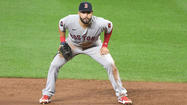 BALTIMORE, MD - AUGUST 19: Eric Hosmer #35 of the Boston Red Sox tin position during a baseball game against the Baltimore Orioles at Oriole Park at Camden Yards on August 19, 2022 in Baltimore, Maryland.