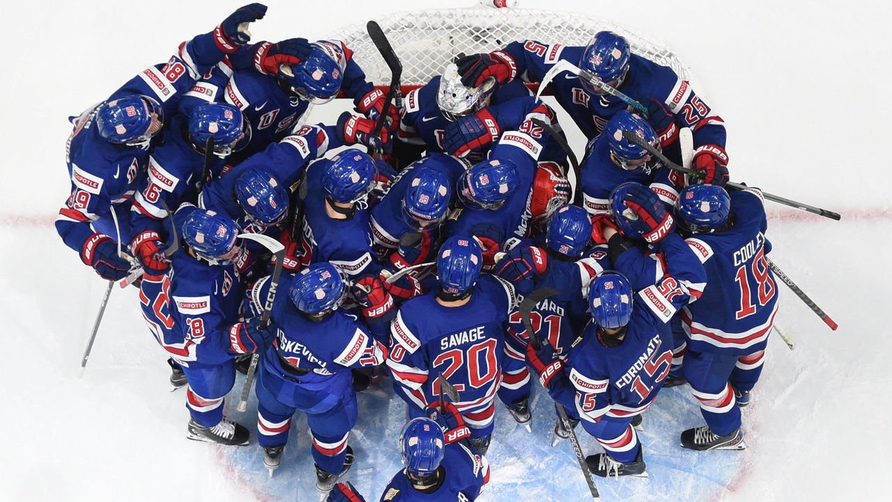 EDMONTON, AB - AUGUST 14: Players of United States celebrate after winning the game against Sweden in the IIHF World Junior Championship on August 14, 2022 at Rogers Place in Edmonton, Alberta, Canada