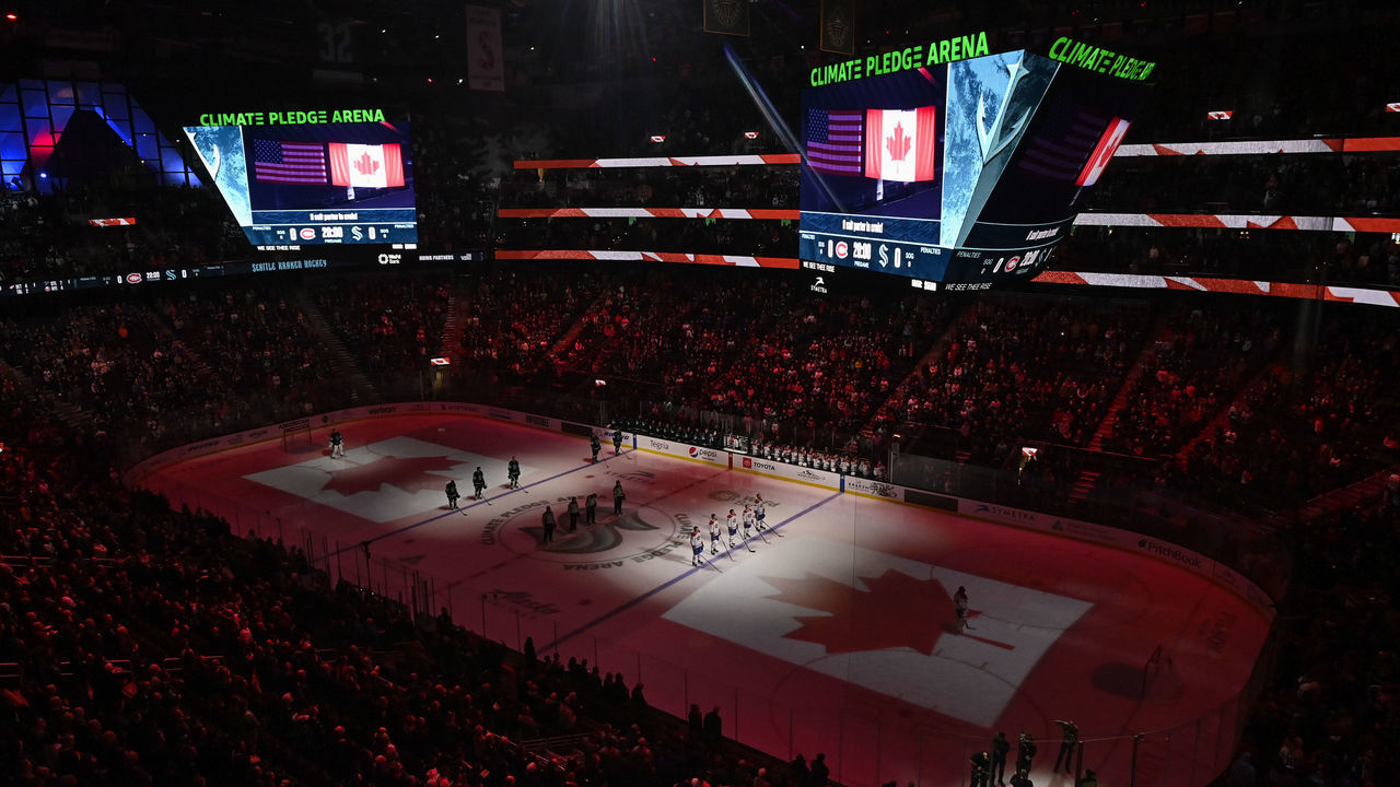 SEATTLE, WASHINGTON - DECEMBER 06: A general view of Climate Pledge Arena during the playing of the Canadian National Anthem before the game between the Seattle Kraken and the Montreal Canadiens on December 06, 2022 in Seattle, Washington.