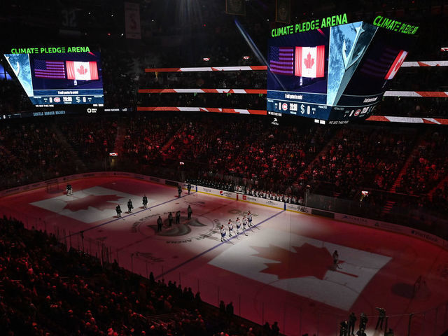SEATTLE, WASHINGTON - DECEMBER 06: A general view of Climate Pledge Arena during the playing of the Canadian National Anthem before the game between the Seattle Kraken and the Montreal Canadiens on December 06, 2022 in Seattle, Washington.