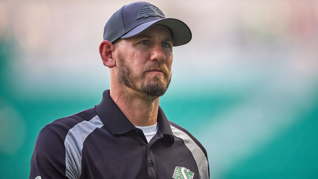 REGINA, SK - JULY 29: Saskatchewan Roughriders offensive coordinator Jason Maas on the field before the game between the BC Lions and Saskatchewan Roughriders at Mosaic Stadium on July 29, 2022 in Regina, Canada.