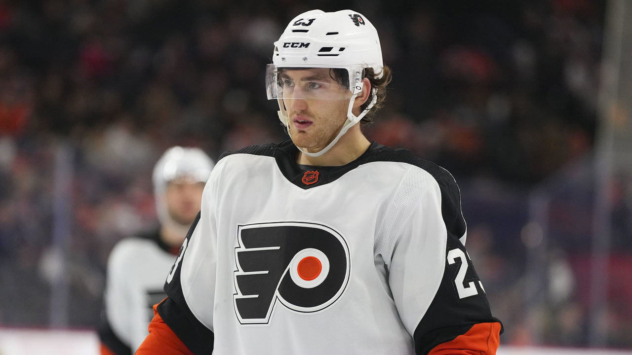 PHILADELPHIA, PA - DECEMBER 01: Lukas Sedlak #23 of the Philadelphia Flyers looks on against the Tampa Bay Lightning at the Wells Fargo Center on December 1, 2022 in Philadelphia, Pennsylvania.