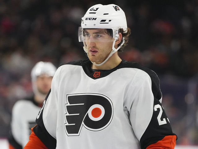 PHILADELPHIA, PA - DECEMBER 01: Lukas Sedlak #23 of the Philadelphia Flyers looks on against the Tampa Bay Lightning at the Wells Fargo Center on December 1, 2022 in Philadelphia, Pennsylvania.