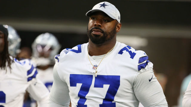 INGLEWOOD, CA - AUGUST 20: Dallas Cowboys offensive tackle Tyron Smith (77) during the NFL preseason game between the Dallas Cowboys and the Los Angeles Chargers on August 20, 2022, at SoFi Stadium in Inglewood, CA.