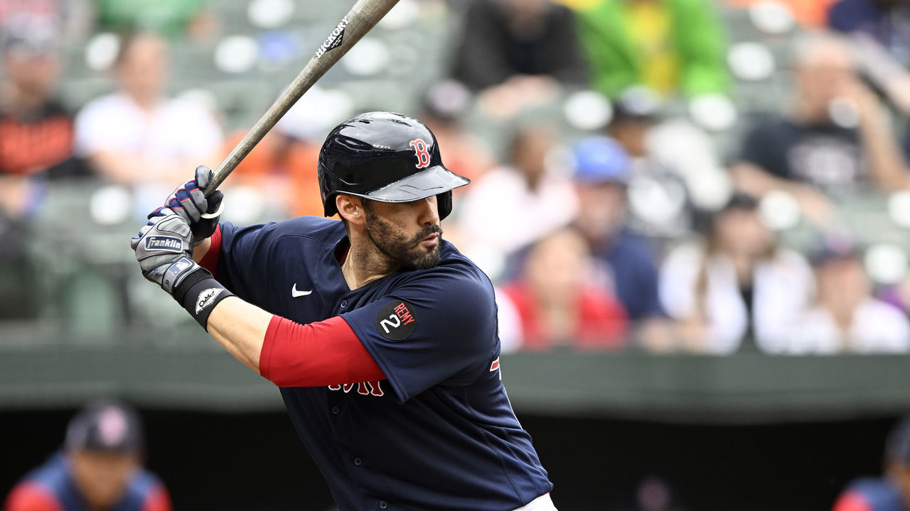 BALTIMORE, MARYLAND - SEPTEMBER 11: J.D. Martinez #28 of the Boston Red Sox bats against the Baltimore Orioles at Oriole Park at Camden Yards on September 11, 2022 in Baltimore, Maryland.