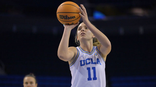 LOS ANGELES, CA - DECEMBER 10: Emily Bessoir #11 of the UCLA Bruins shoots a free throw against the CSU Fullerton Titans at UCLA Pauley Pavilion on December 10, 2022 in Los Angeles, California.