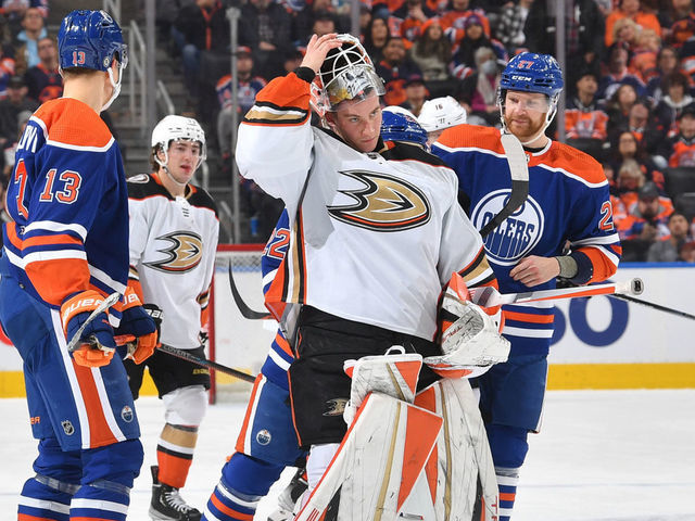 EDMONTON, CANADA - DECEMBER 17: Lukas Dostal #1 of the Anaheim Ducks returns to his net during a stoppage in play during the game against the Edmonton Oilers on December 17, 2022 at Rogers Place in Edmonton, Alberta, Canada.