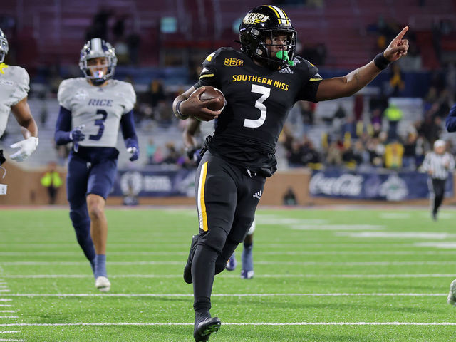 MOBILE, ALABAMA - DECEMBER 17: Frank Gore Jr. #3 of the Southern Miss Golden Eagles rushes for a touchdown during the first half against the Rice Owls of the LendingTree Bowl at Hancock Whitney Stadium on December 17, 2022 in Mobile, Alabama.