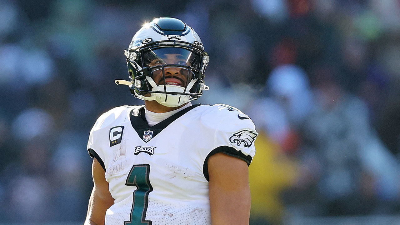CHICAGO, ILLINOIS - DECEMBER 18: Jalen Hurts #1 of the Philadelphia Eagles looks on during the second quarter in the game against the Chicago Bears at Soldier Field on December 18, 2022 in Chicago, Illinois.
