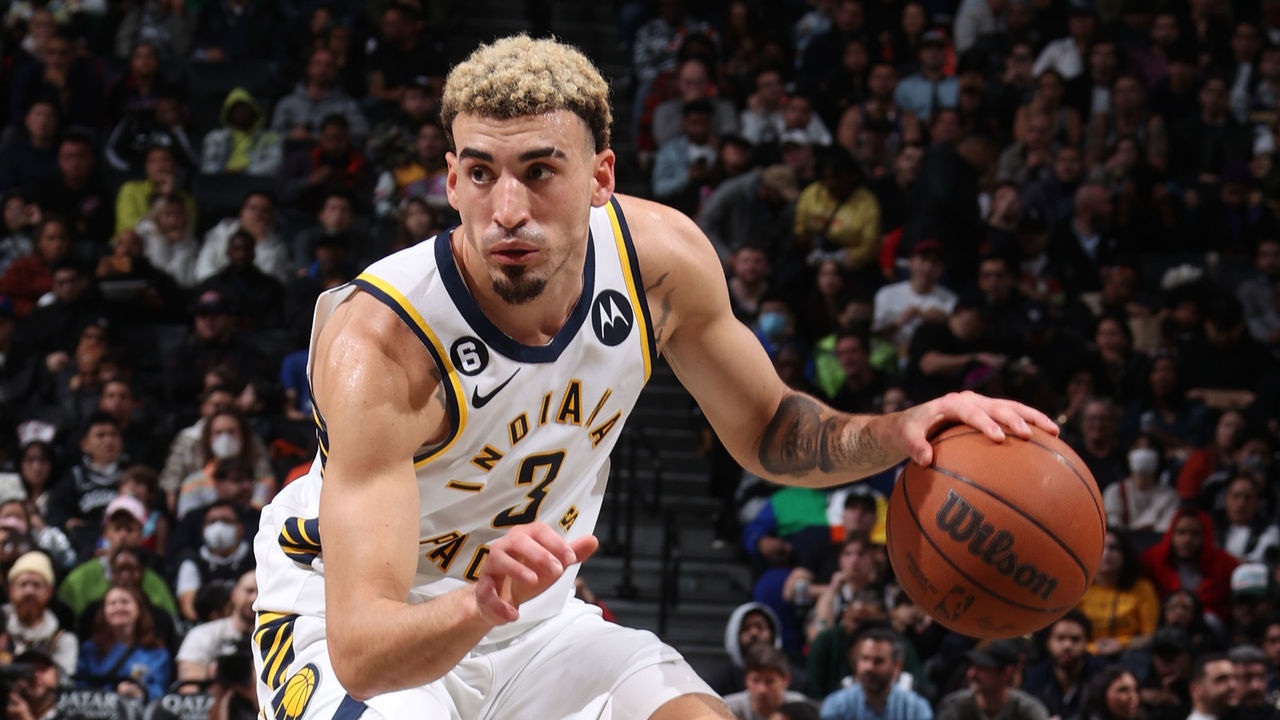 BROOKLYN, NY - OCTOBER 31: Chris Duarte #3 of the Indiana Pacers dribbles the ball during the game against the Brooklyn Nets on October 31, 2022 at Barclays Center in Brooklyn, New York. Mandatory Copyright Notice: Copyright 2022 NBAE