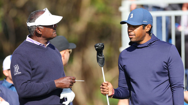 ORLANDO, FLORIDA - DECEMBER 17: Vijay Singh of Fiji and son Qass Singh talk on the first tee during the first round of the PNC Championship at Ritz-Carlton Golf Club on December 17, 2022 in Orlando, Florida.