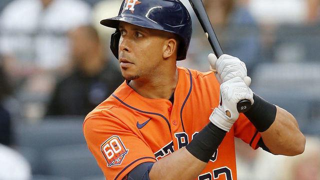 NEW YORK, NEW YORK - JUNE 23: Michael Brantley #23 of the Houston Astros in action against the New York Yankees at Yankee Stadium on June 23, 2022 in New York City. The Yankees defeated the Astros 7-6.