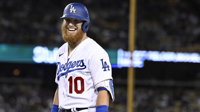 Los Angeles, CA - October 04: Justin Turner #10 of the Los Angeles Dodgers against the Colorado Rockies in the seventh inning of a baseball game at Dodger Stadium in Los Angeles on Tuesday, October 4, 2022.
