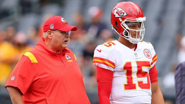 CHICAGO, ILLINOIS - AUGUST 13: Head coach Andy Reid and Patrick Mahomes #15 of the Kansas City Chiefs talk prior to a preseason game against the Chicago Bears at Soldier Field on August 13, 2022 in Chicago, Illinois.