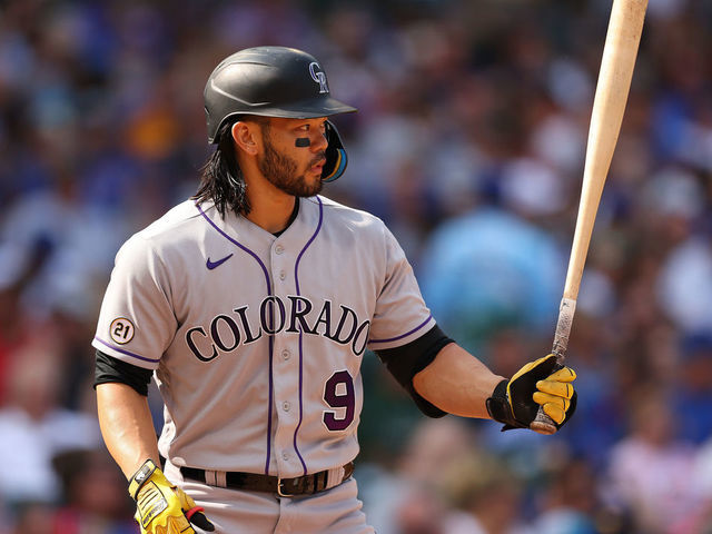 Colorado Rockies right fielder Connor Joe looks out of the dugout