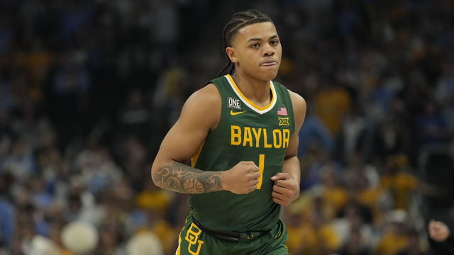 MILWAUKEE, WISCONSIN - NOVEMBER 29: Keyonte George #1 of the Baylor Bears in action against the Marquette Golden Eagles during the first half at Fiserv Forum on November 29, 2022 in Milwaukee, Wisconsin.