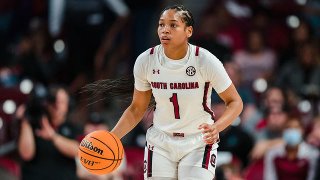 COLUMBIA, SOUTH CAROLINA - DECEMBER 11: Zia Cooke #1 of the South Carolina Gamecocks brings the ball up court against the Liberty Lady Flames during their game at Colonial Life Arena on December 11, 2022 in Columbia, South Carolina.