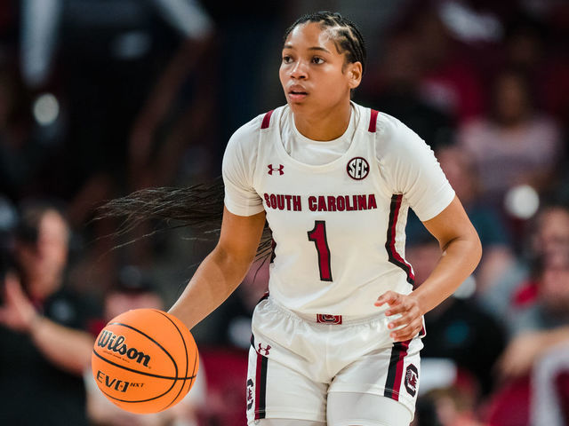 COLUMBIA, SOUTH CAROLINA - DECEMBER 11: Zia Cooke #1 of the South Carolina Gamecocks brings the ball up court against the Liberty Lady Flames during their game at Colonial Life Arena on December 11, 2022 in Columbia, South Carolina.