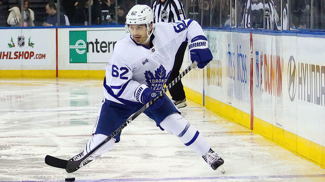 NEW YORK, NY - DECEMBER 15: Toronto Maple Leafs Winger Denis Malgin (62) skates with the puck during the second period of the National Hockey League game between the Toronto Maple Leafs and the New York Rangers on December 15, 2022 at Madison Square Garden in New York, NY.