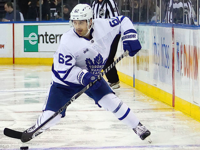 NEW YORK, NY - DECEMBER 15: Toronto Maple Leafs Winger Denis Malgin (62) skates with the puck during the second period of the National Hockey League game between the Toronto Maple Leafs and the New York Rangers on December 15, 2022 at Madison Square Garden in New York, NY.