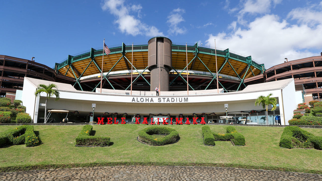HONOLULU, HI - DECEMBER 24: The entrance to Aloha Stadium before the Hawaii bowl on December 24, 2019 in Honolulu, Hawaii.