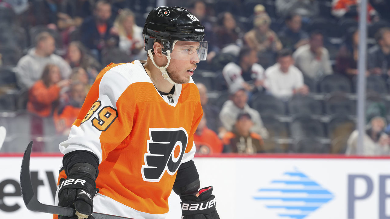 PHILADELPHIA, PA - MARCH 03: Cam Atkinson #89 of the Philadelphia Flyers looks on against the Minnesota Wild at the Wells Fargo Center on March 3, 2022 in Philadelphia, Pennsylvania.