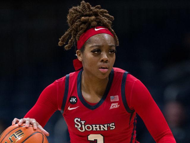 INDIANAPOLIS, IN - DECEMBER 02: St. John's Red Storm guard Mimi Reid (2) sets up the offense during the women's college basketball game between the Butler Bulldogs and St. Johns Red Storm on December 2, 2022, at Hinkle Fieldhouse in Indianapolis, IN.