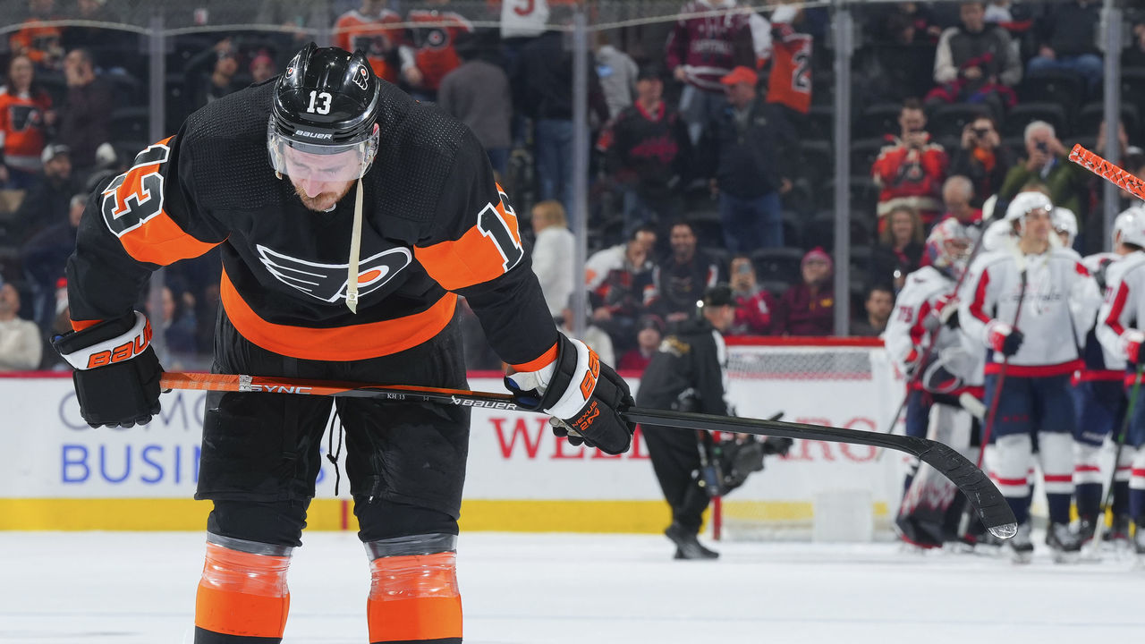 PHILADELPHIA, PA - DECEMBER 07: Kevin Hayes #13 of the Philadelphia Flyers reacts after the game against the Washington Capitals at the Wells Fargo Center on December 7, 2022 in Philadelphia, Pennsylvania. The Washington Capitals defeated the Philadelphia Flyers 4-1.