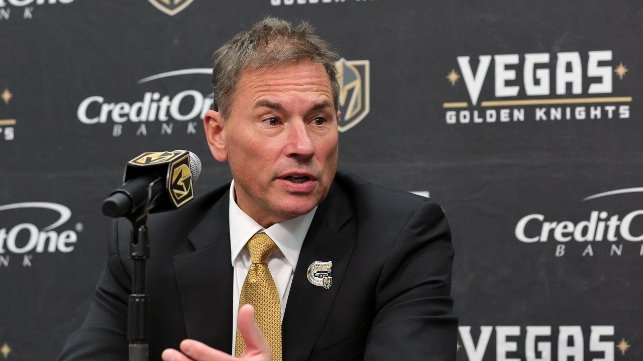 LAS VEGAS, NEVADA - OCTOBER 13: Head coach Bruce Cassidy of the Vegas Golden Knights speaks during a news conference after the team's home opener against the Chicago Blackhawks at T-Mobile Arena on October 13, 2022 in Las Vegas, Nevada. The Golden Knights defeated the Blackhawks 1-0.
