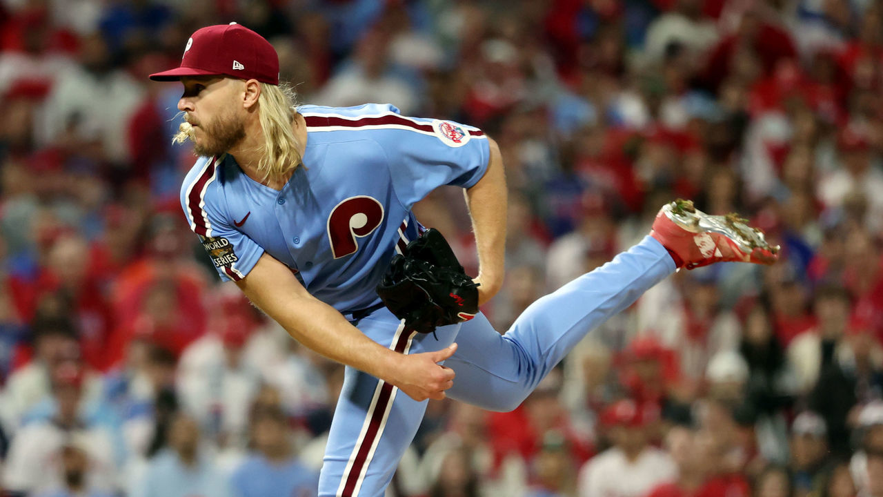 PHILADELPHIA, PA - NOVEMBER 03: Noah Syndergaard #43 of the Philadelphia Phillies pitches during Game 5 of the 2022 World Series between the Houston Astros and the Philadelphia Phillies at Citizens Bank Park on Thursday, November 3, 2022 in Philadelphia, Pennsylvania.