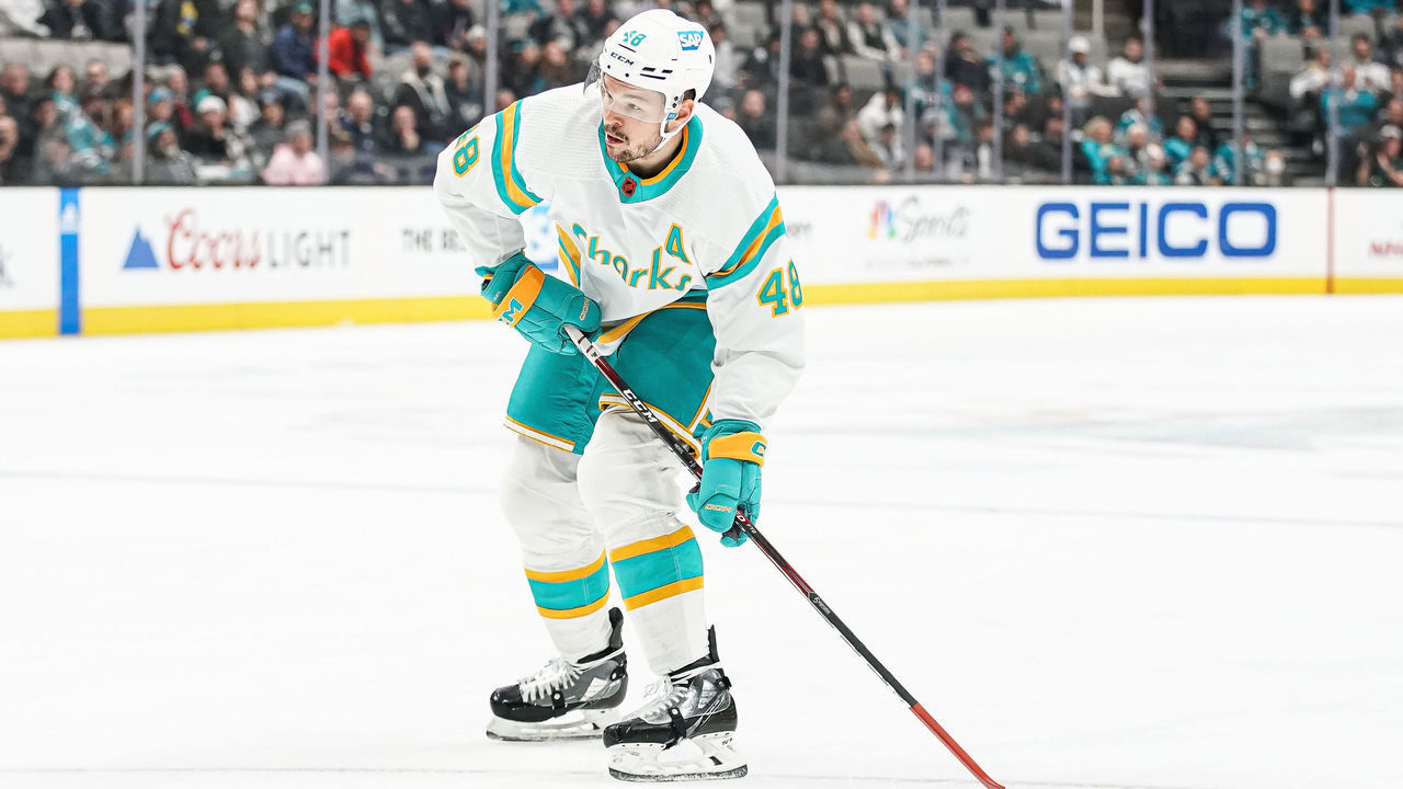 SAN JOSE, CA - DECEMBER 13: Tomas Hertl #48 of the San Jose Sharks skates with the puck against the Arizona Coyotes at SAP Center on December 13, 2022 in San Jose, California.