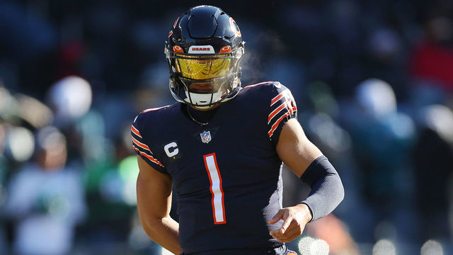 CHICAGO, ILLINOIS - DECEMBER 18: Justin Fields #1 of the Chicago Bears looks on prior to the game against the Philadelphia Eagles at Soldier Field on December 18, 2022 in Chicago, Illinois.