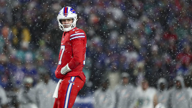 ORCHARD PARK, NY - DECEMBER 17: Josh Allen #17 of the Buffalo Bills walks back to the huddle after a play during the fourth quarter of an NFL football game against the Miami Dolphins at Highmark Stadium on December 17, 2022 in Orchard Park, New York.