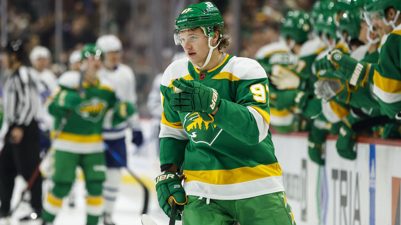 ST PAUL, MN - NOVEMBER 25: Kirill Kaprizov #97 of the Minnesota Wild celebrates his goal against the Toronto Maple Leafs in the first period of the game at Xcel Energy Center on November 25, 2022 in St Paul, Minnesota. The Maple Leafs defeated the Wild 4-3.