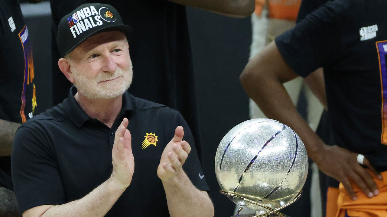 LOS ANGELES, CALIFORNIA - JUNE 30: Owner Robert Sarver stands with the Western Conference Championship trophy after the Suns beat the LA Clippers to win the series in Game Six of the Western Conference Finals at Staples Center on June 30, 2021 in Los Angeles, California. The Suns beat the Clippers to advance to the NBA Finals.