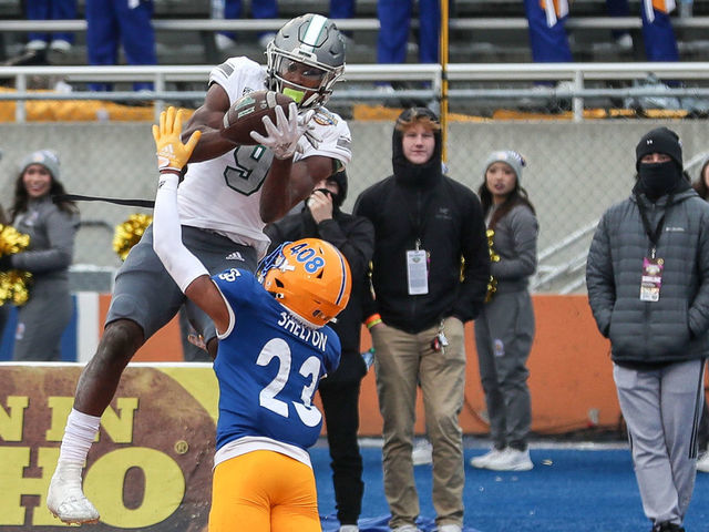 BOISE, ID - DECEMBER 20: Wide receiver Darius Lassiter #9 of the Eastern Michigan Eagles catches a touchdown pass over the defense of corner back Nehemiah Shelton #23 of the San Jose State Spartans during the first half of the Famous Idaho Potato Bowl at Albertsons Stadium on December 20, 2022 in Boise, Idaho.