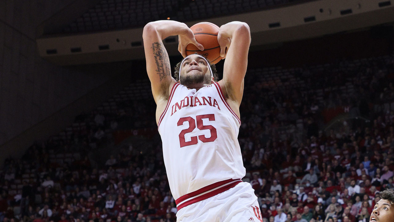 BLOOMINGTON, INDIANA - DECEMBER 20: Race Thompson #25 of the Indiana Hoosiers shoots the ball during the game against the Elon Phoenix at Simon Skjodt Assembly Hall on December 20, 2022 in Bloomington, Indiana.