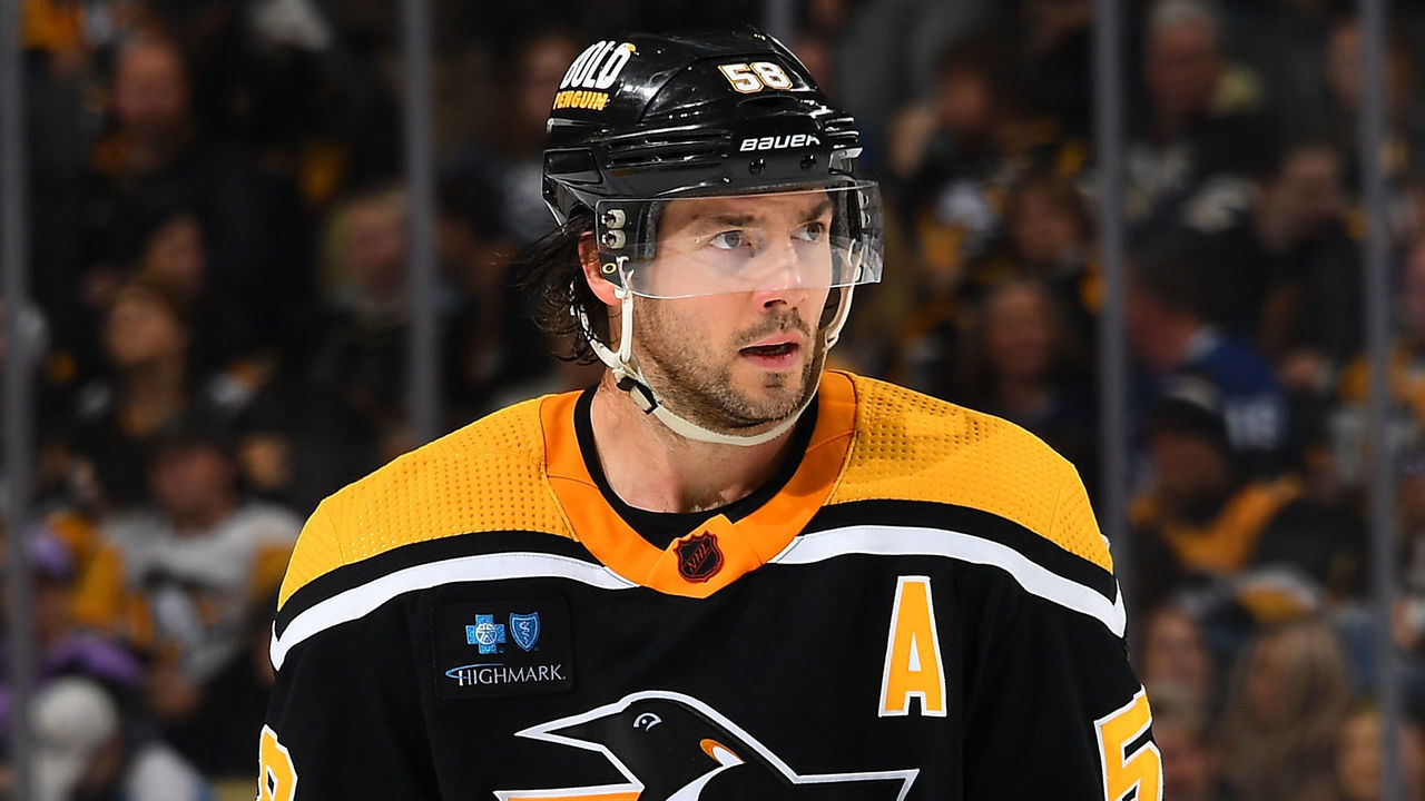 PITTSBURGH, PA - NOVEMBER 15: Kris Letang #58 of the Pittsburgh Penguins skates against the Toronto Maple Leafs during the game at PPG PAINTS Arena on November 15, 2022 in Pittsburgh, Pennsylvania.