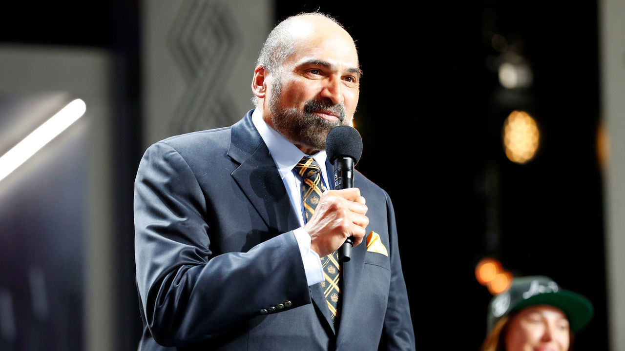 LAS VEGAS, NV - APRIL 28: Former Pittsburgh Steelers running back and NFL Hall of Famer Franco Harris speaks on stage during the NFL Draft on April 28, 2022 in Las Vegas, Nevada.